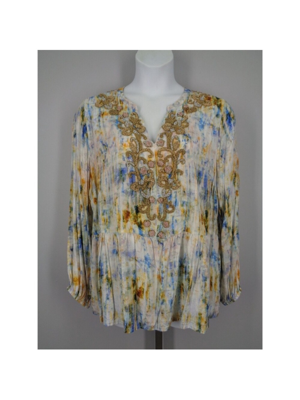 Soft Surroundings Watercolor Floral Embroidered Tunic - Blue, Yellow, Cream